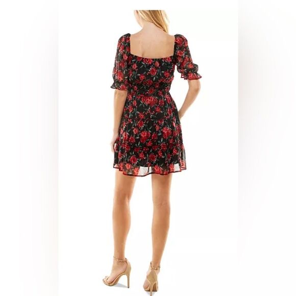 TRIXXI FLORAL RED and BLACK PUFF SLEEVE DRESS- Size MED-NWT - Picture 12 of 14